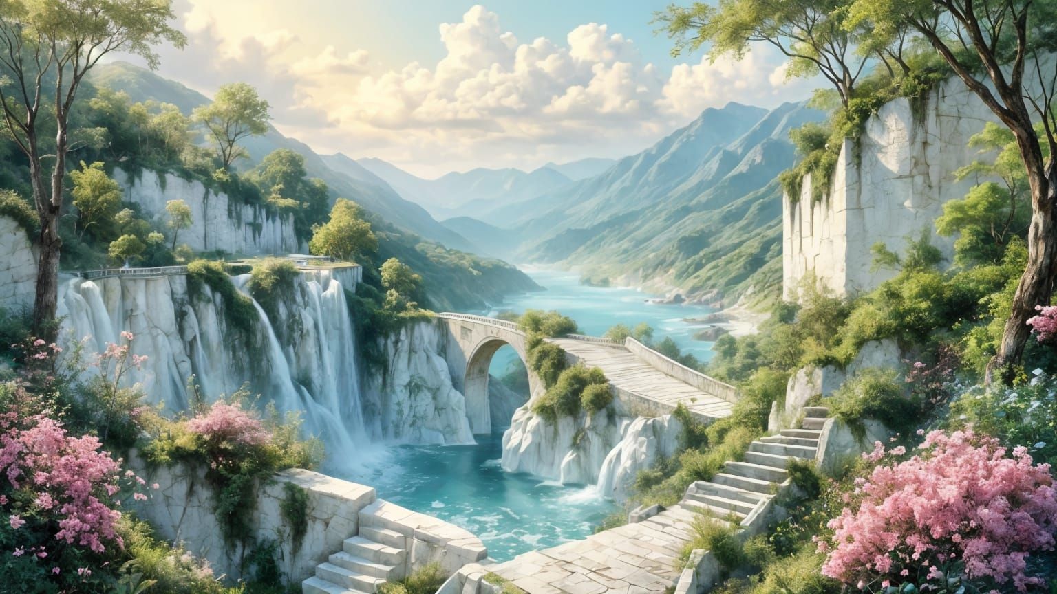 Ethereal Stone Path Dreamscape with Waterfall