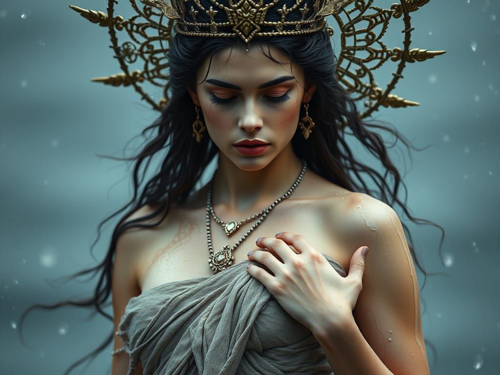 Sensual Goddess Queen in Wet Landscape