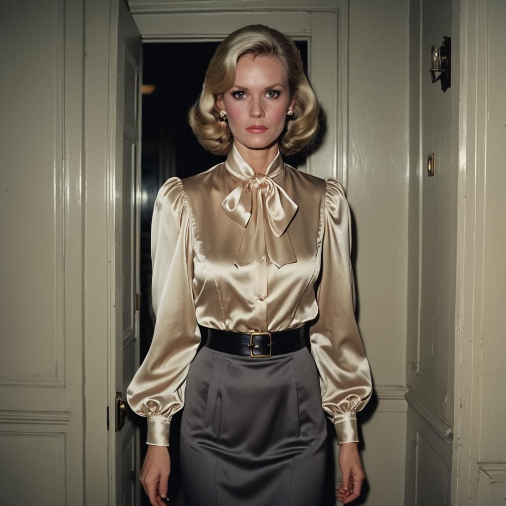 1970s Portrait of Woman in Doorway with Pussybow Blouse