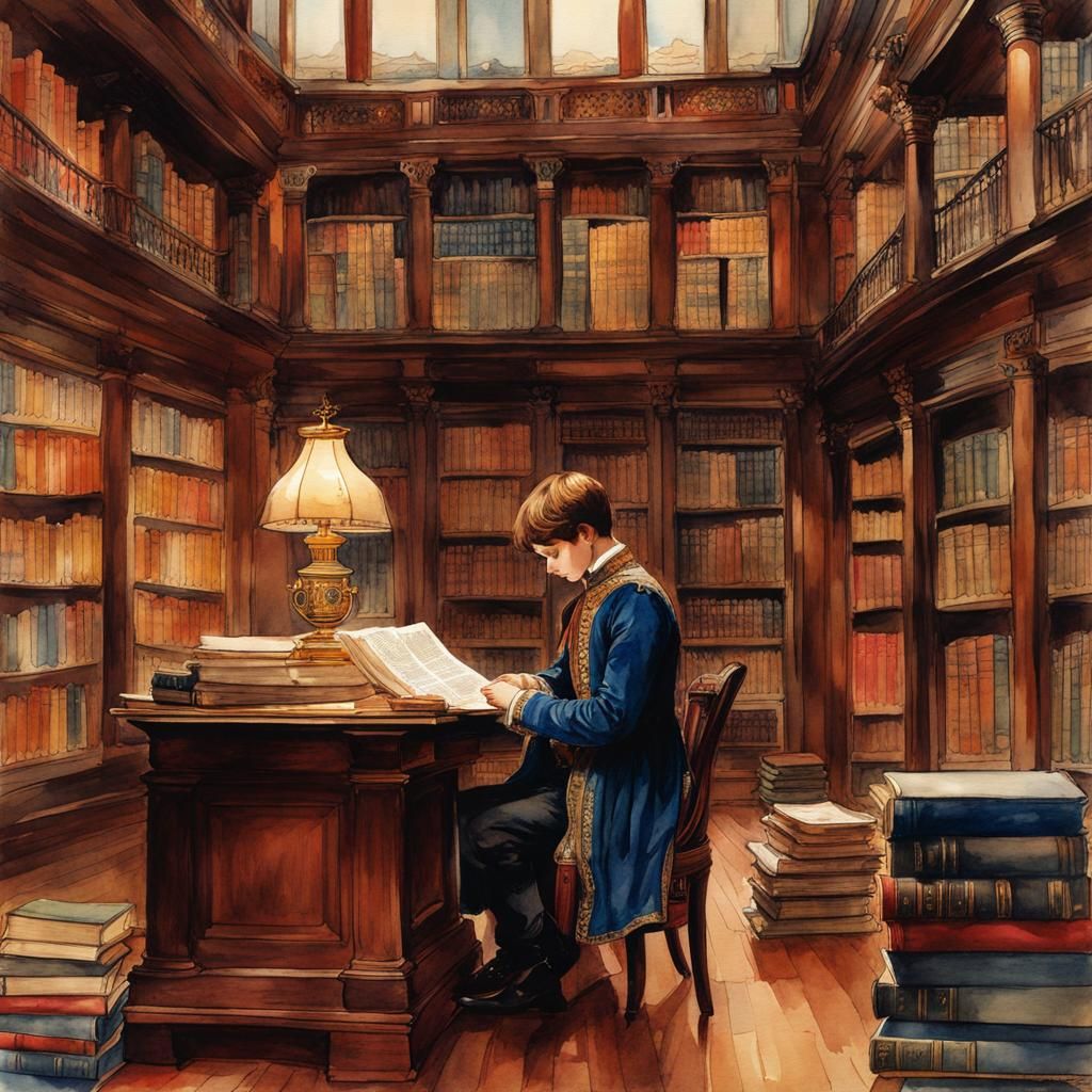 Boy Prince Studying in Library: Watercolor Illustration