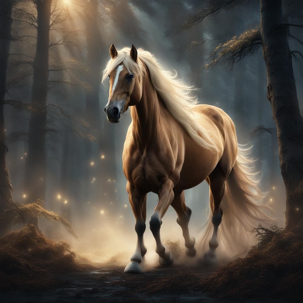Palomino Horse in Misty Forest, Digital Painting