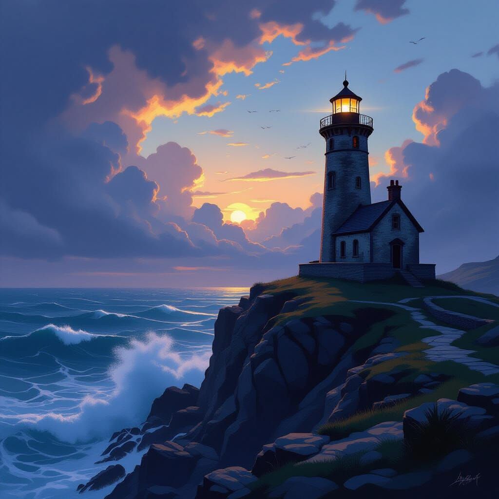 Weathered Lighthouse on Jagged Cliff in Oil Painting Style