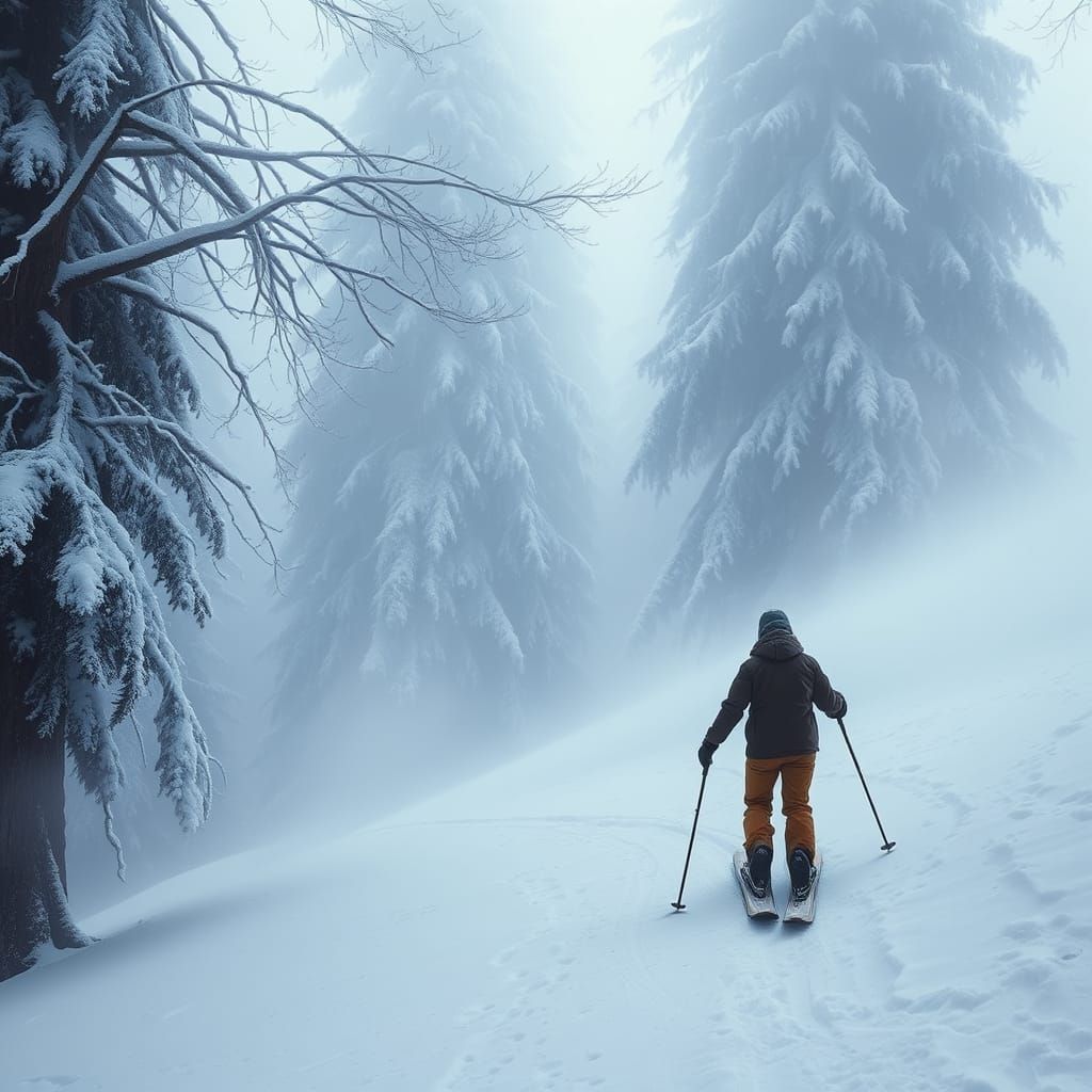 Ethereal Skier Descends Snowy Mountain in Mystical Atmospher...