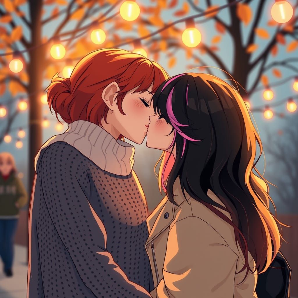 Romantic Autumn Kiss in Anime Style