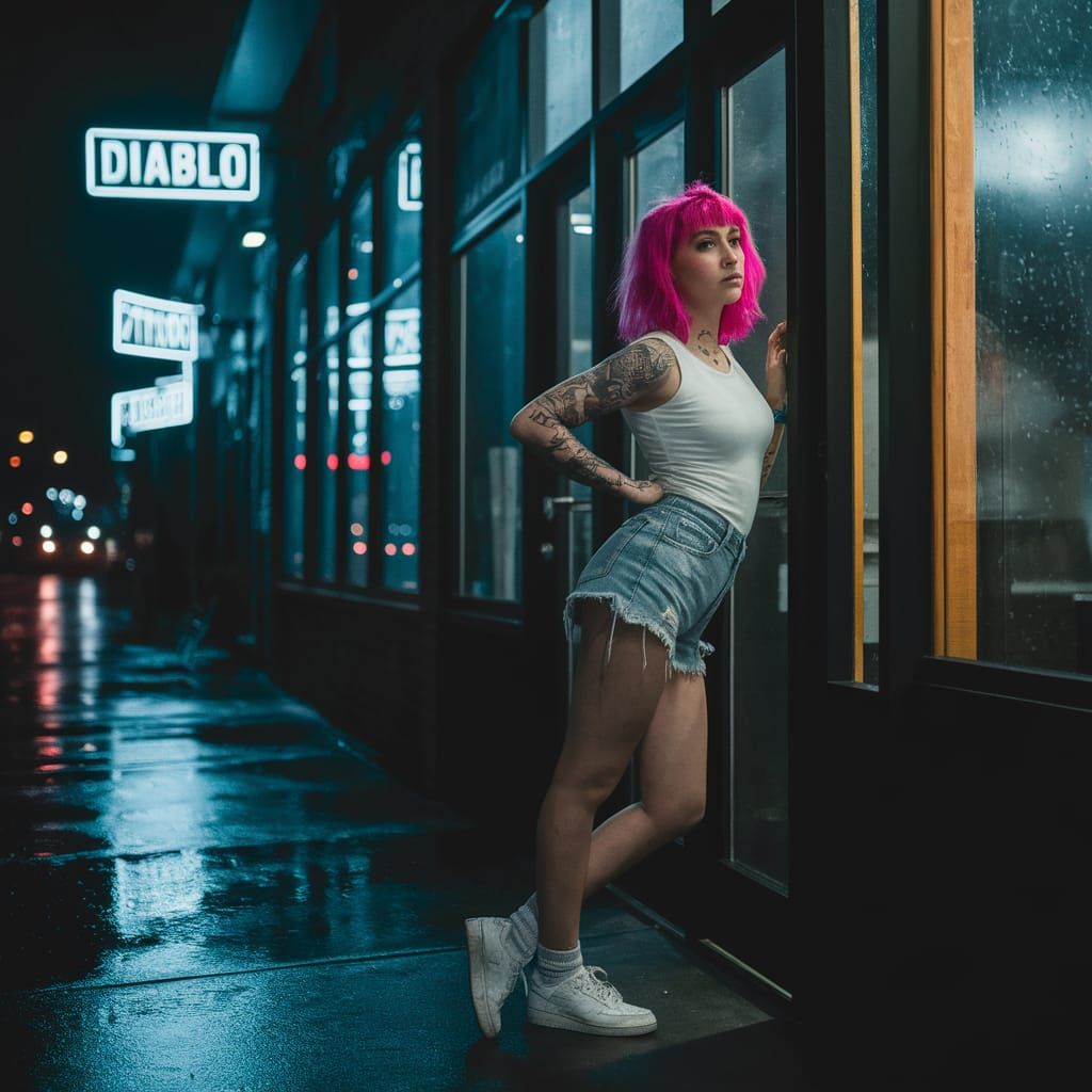 Vibrant Neon Tattoo Studio at Night in Moody Neo-Noir Style