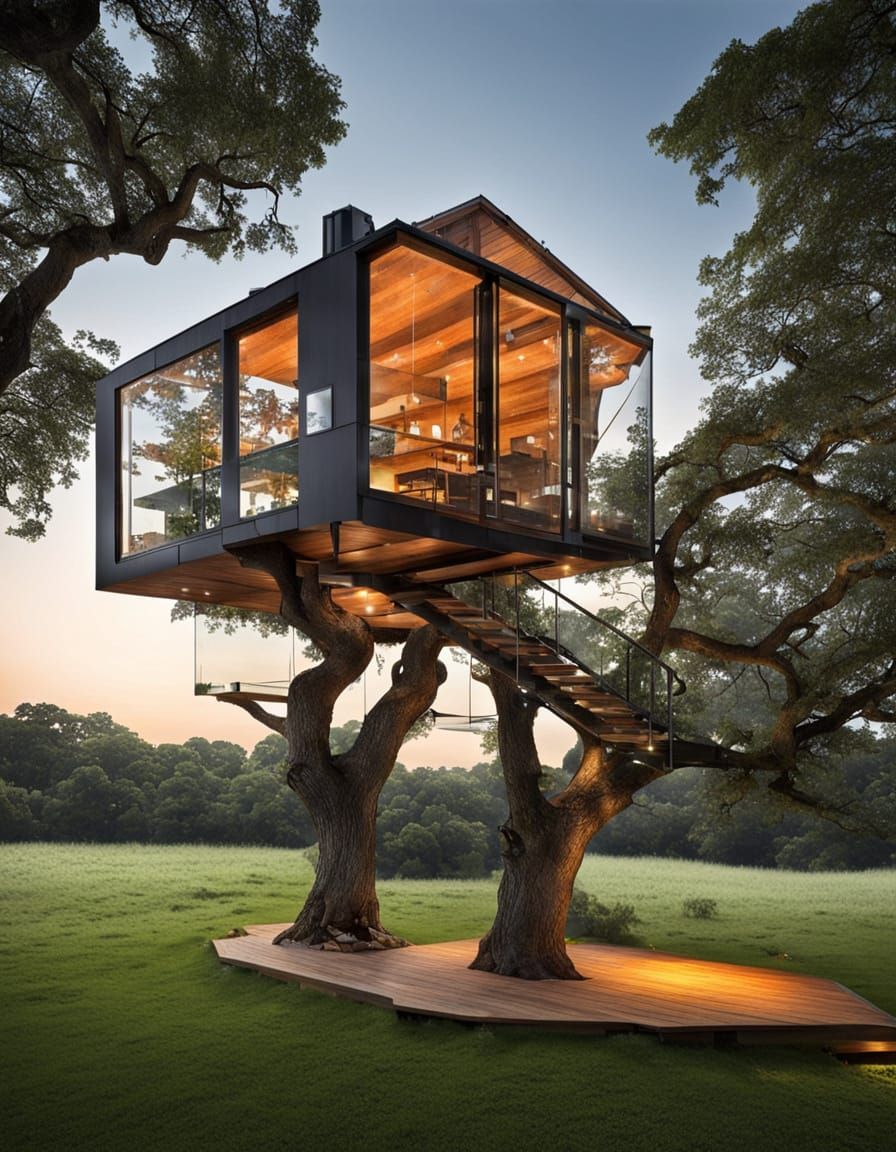 Ultra modern glass treehouse in a large oak tree
