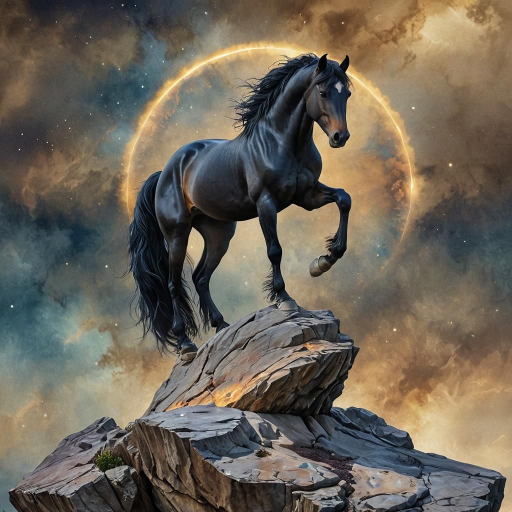 Wild Black Horse in Light Halo: Alcohol Ink Painting