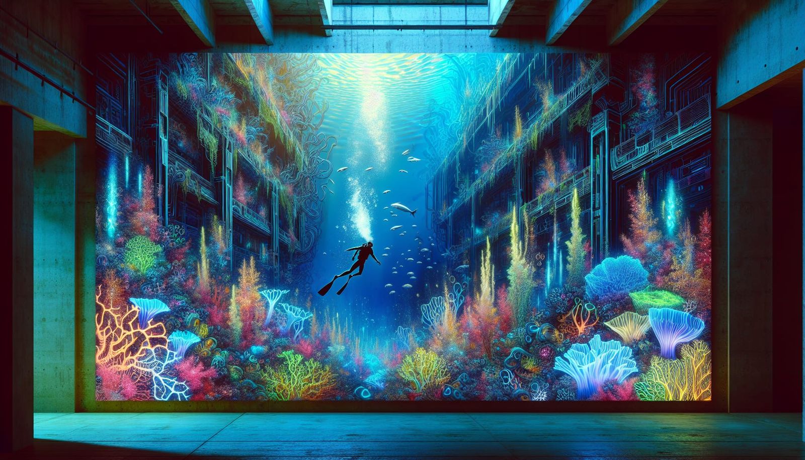 Glowing Fantasy Aquarium Coral Reef in Comic Book Style