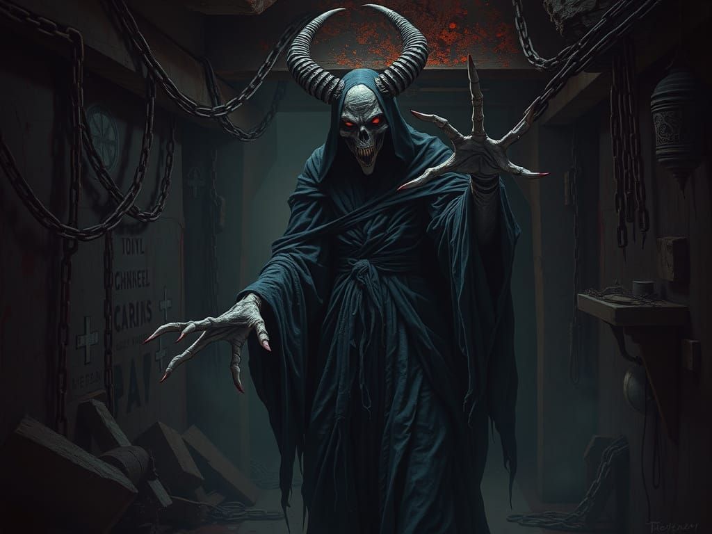 Grotesque Demonic Witch Emerges from Shadowy Basement