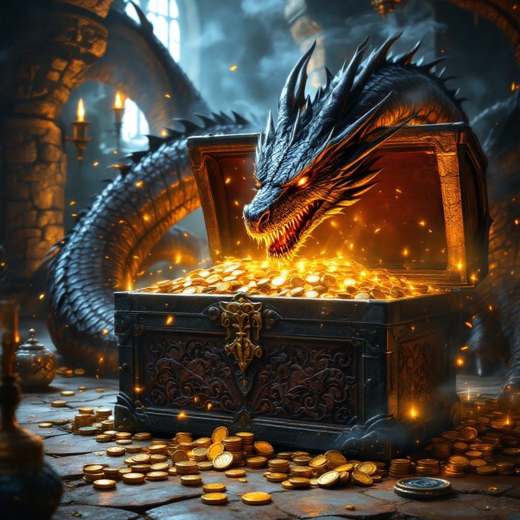 Dragon Guarding Medieval Treasure Chest in Castle