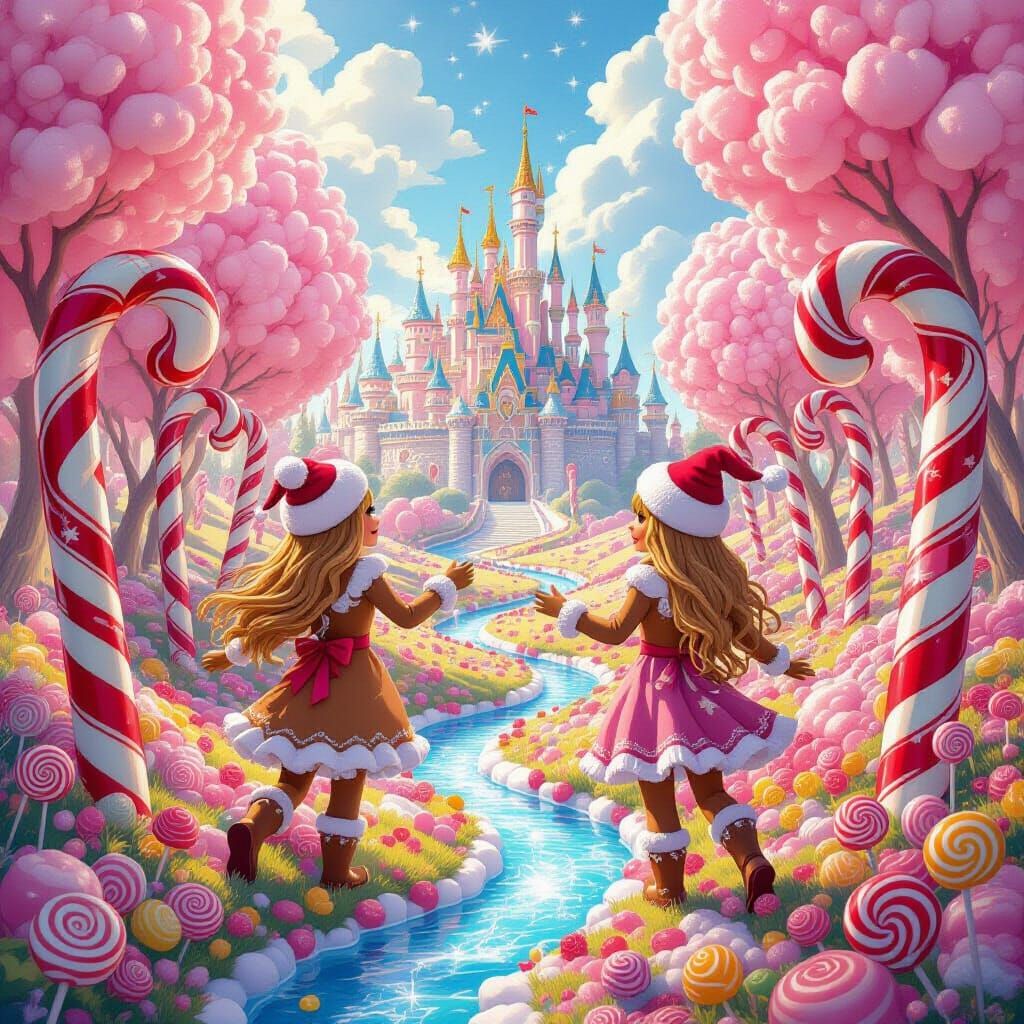 Gingerbread Women in Whimsical Candy Cane Forest