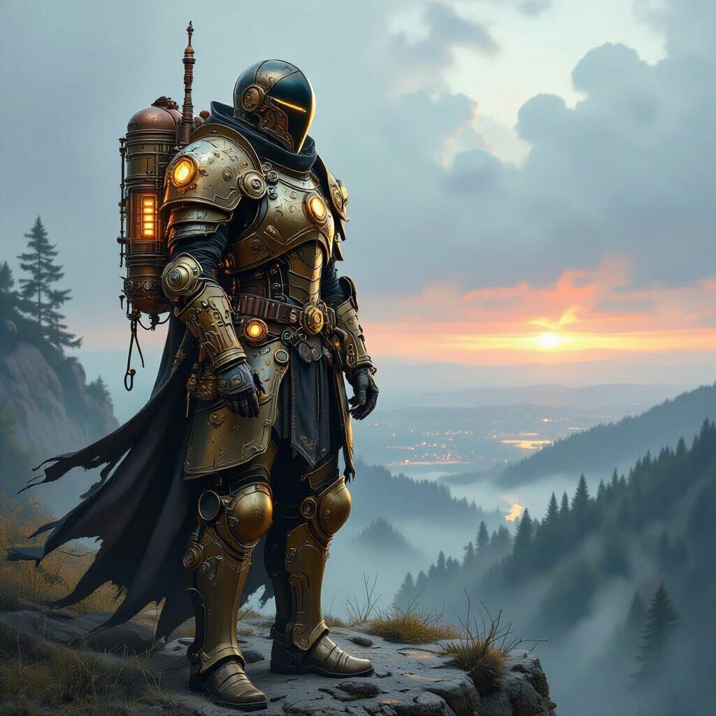 Steampunk Knight on Cliff Overlooking Ancient Forest