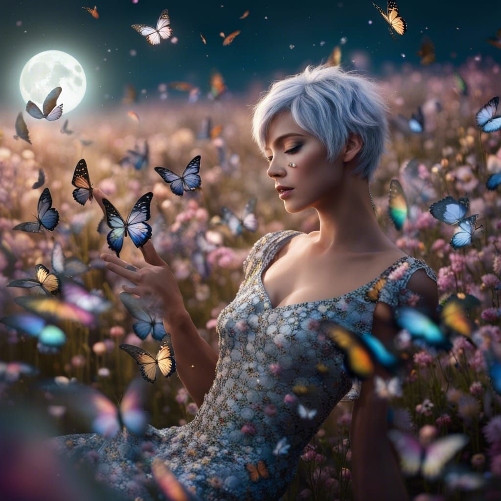 Butterfly Woman in Moonlit Flower Field