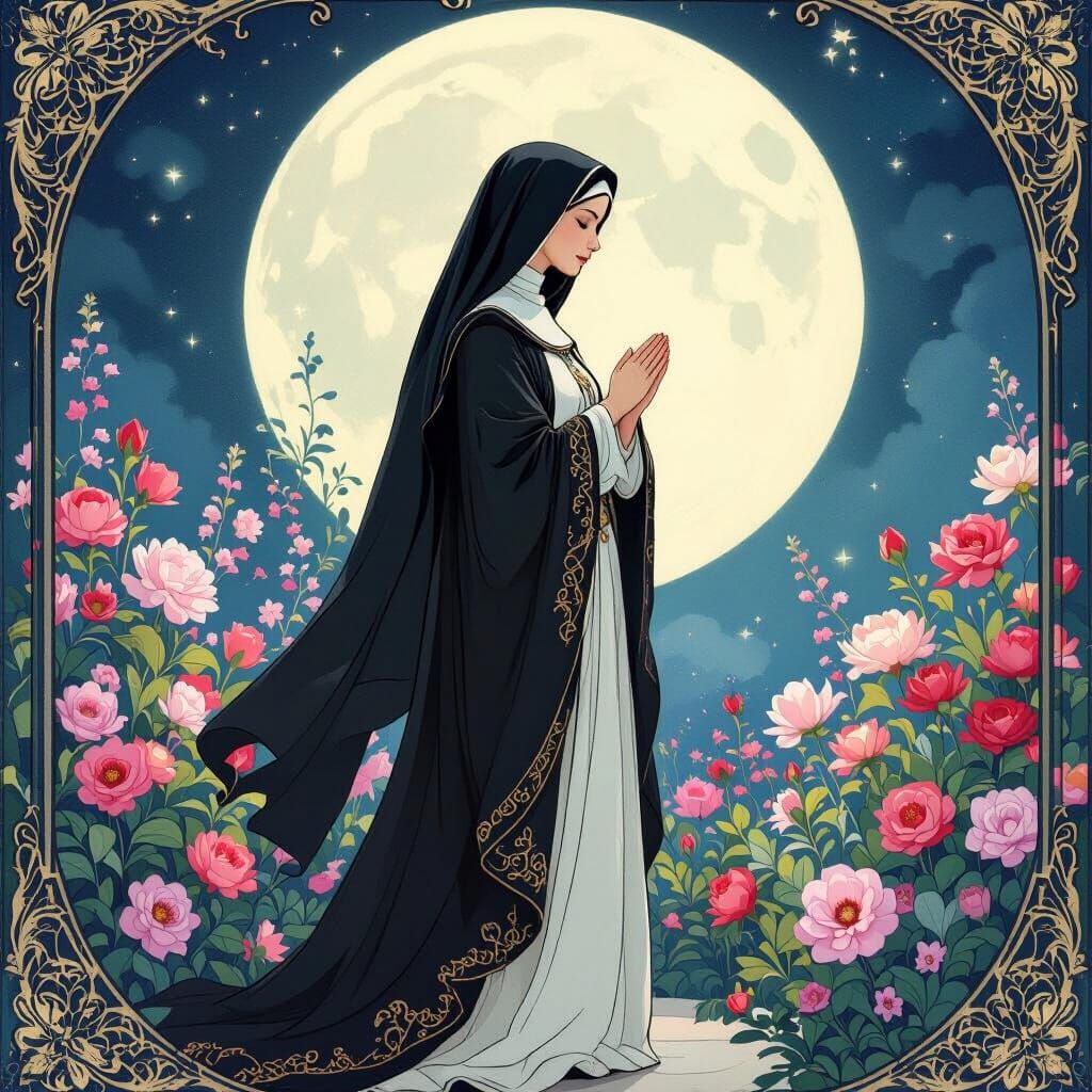 Nun in Moonlit Garden, Art Nouveau Illustration