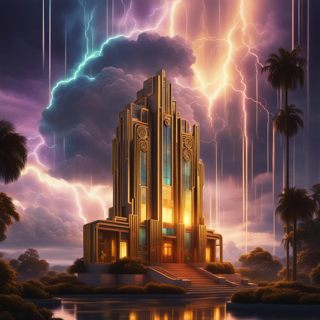 Art Deco Sci-Fi Thunderstorm in Golden Hour