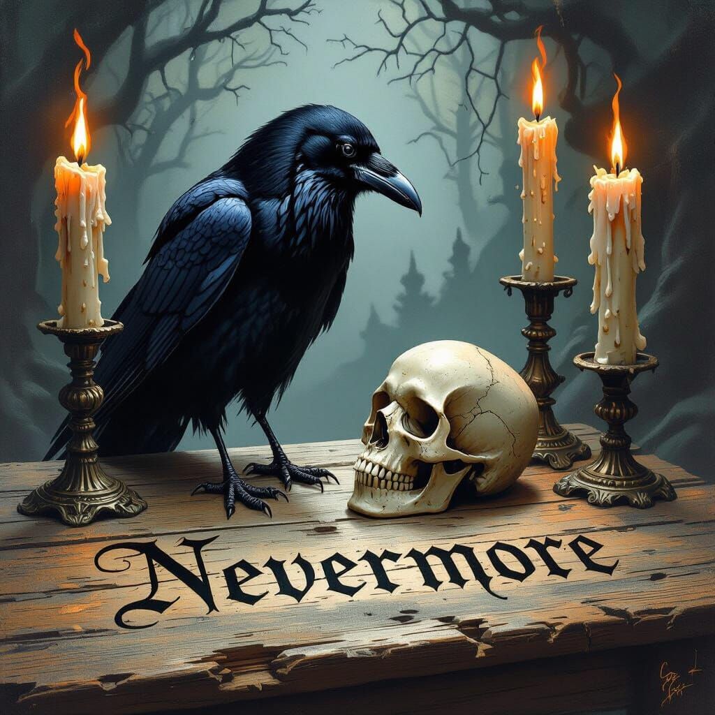 Raven Contemplates Skull in Dark Gothic Style