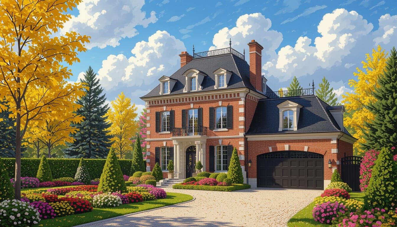 Grand Brick Chateau with Vibrant Garden in Impressionist Sty...