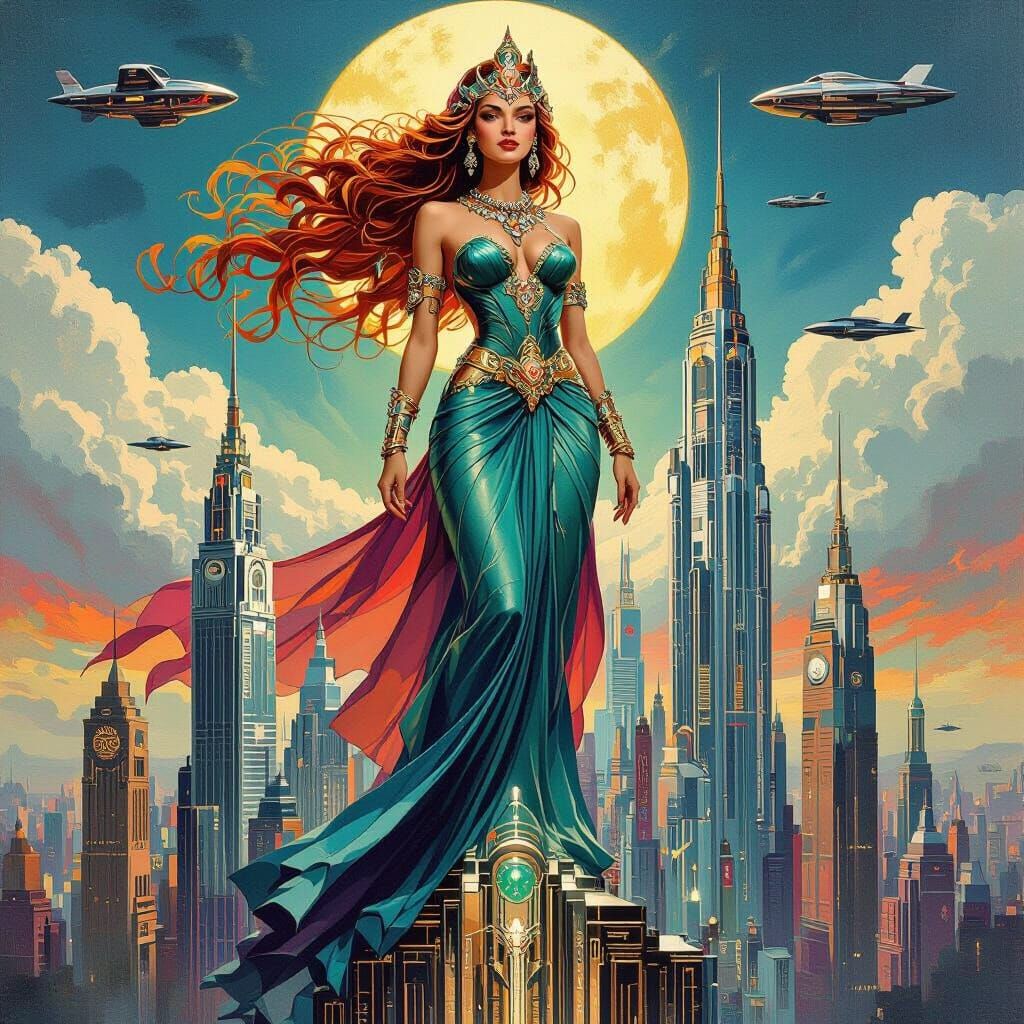 Goddess Over Art Deco Retro-Futuristic Cityscape