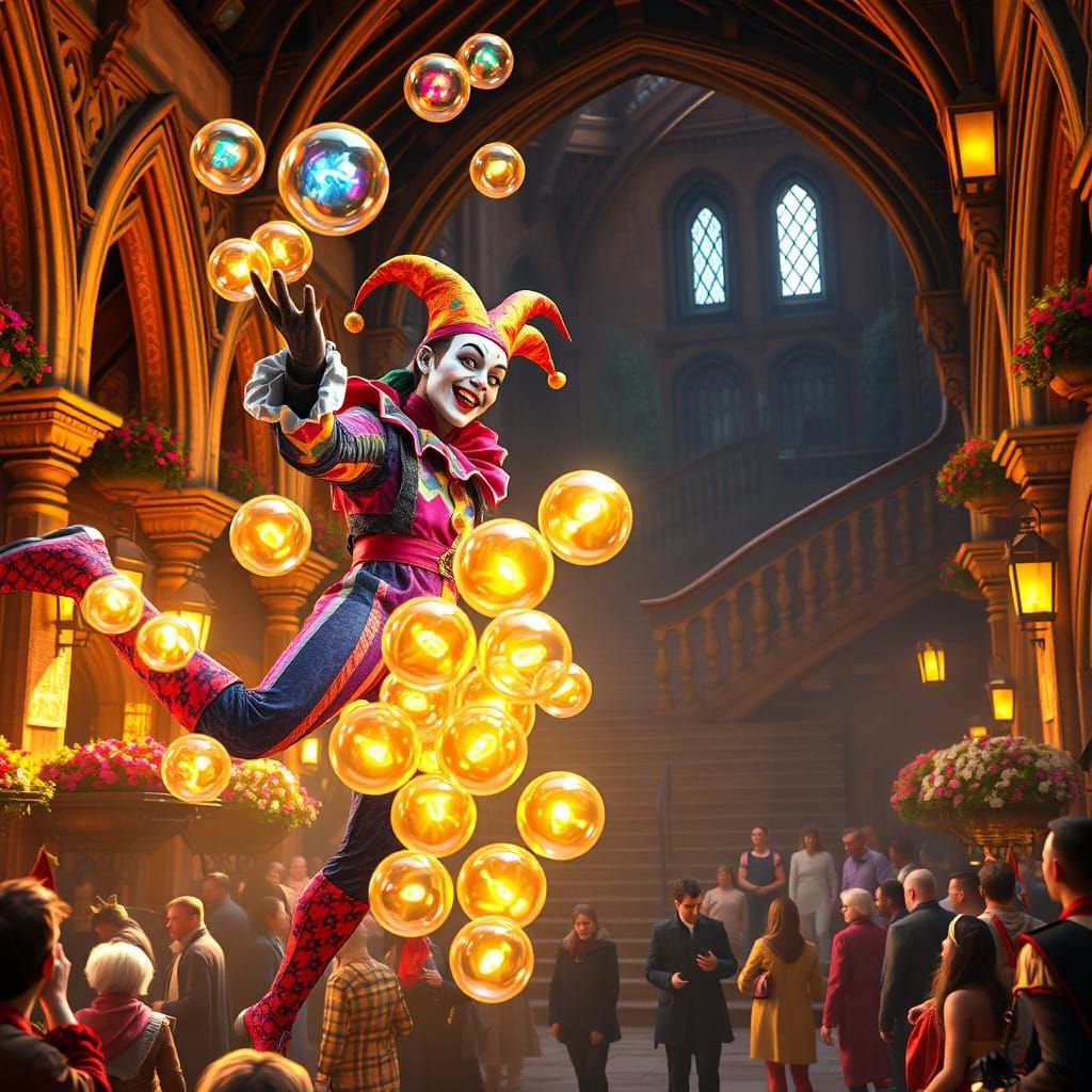 Vibrant Medieval Jester in a Whirlwind of Color