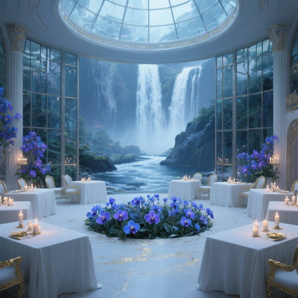 Fantasy Waterfall Cafe in Matte-Painted Style