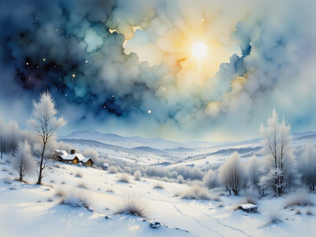 Snowy Village Landscape in Romantic Style