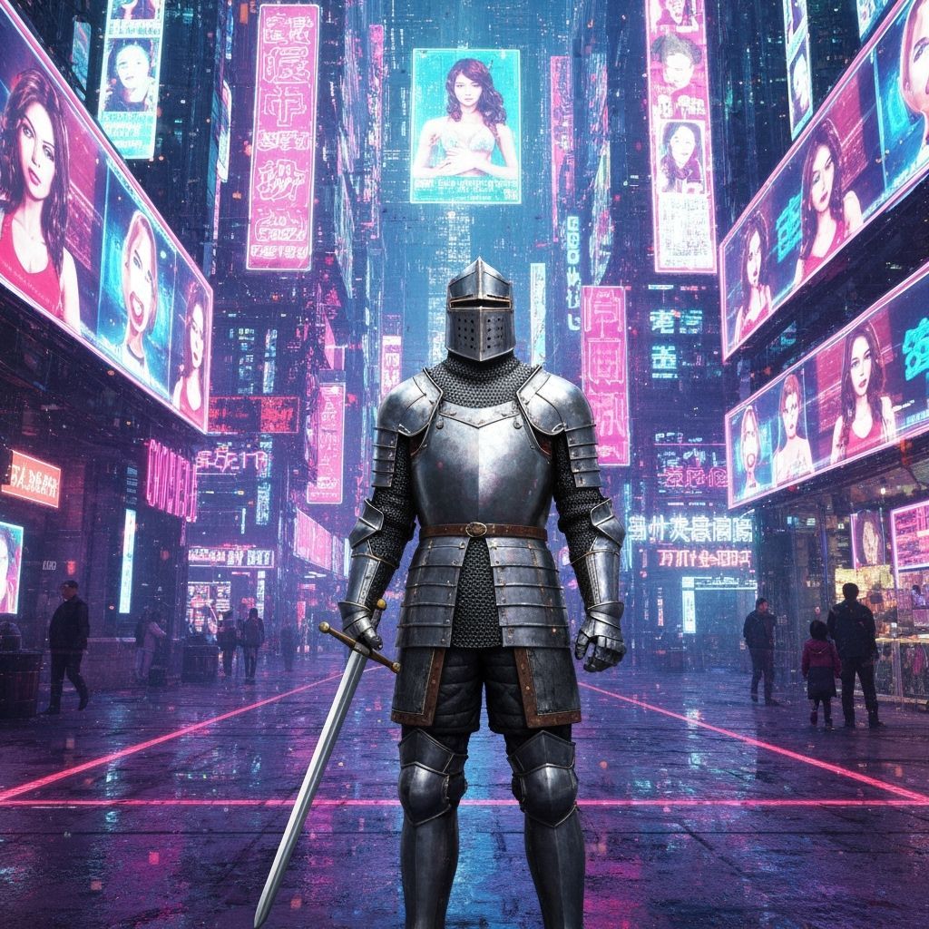 Knight's Bewilderment in Cyberpunk Cityscape