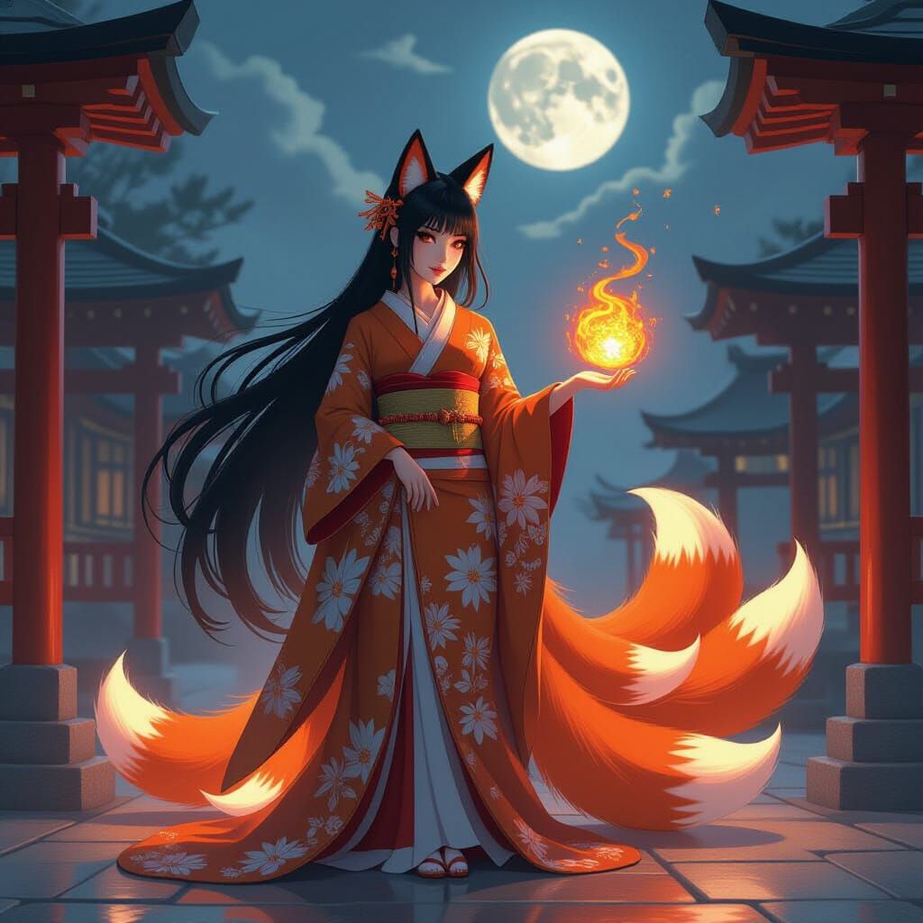 Mystical Kitsune Woman in Shinto Shrine