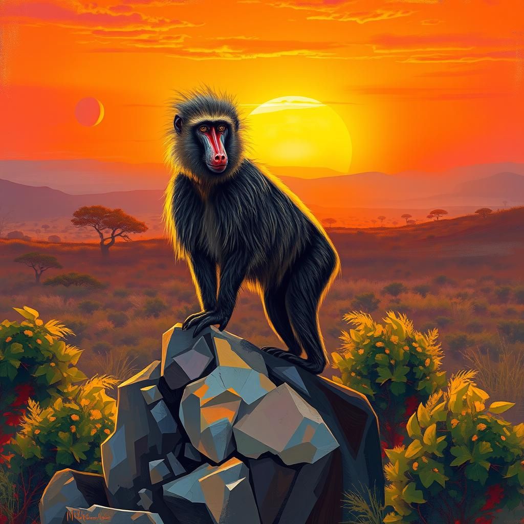 Baboon in Dreamlike Savannah Landscape