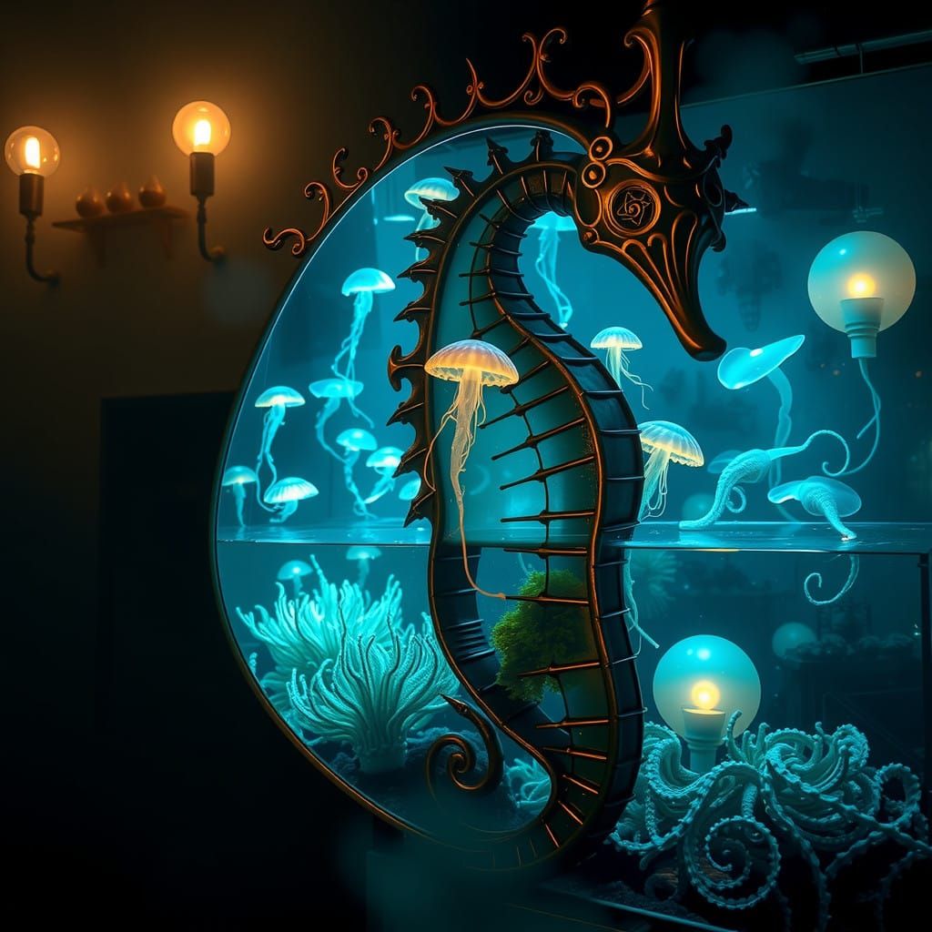 Steampunk Seahorse Aquarium with Alien Octopi-Fish and Fauna