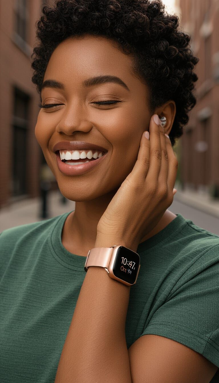 Smiling Woman in Green T-Shirt with Smartwatch