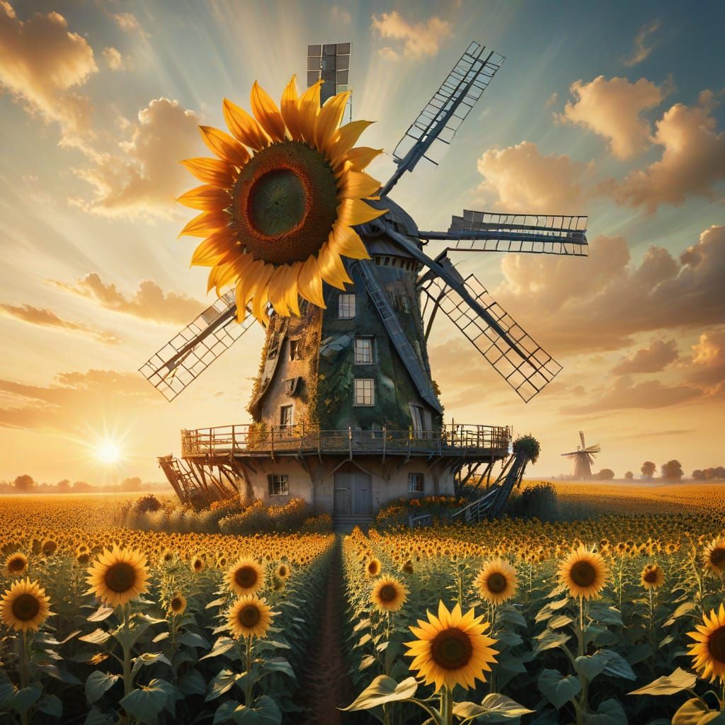 Surreal Sunflower Field with Ethereal Windmill