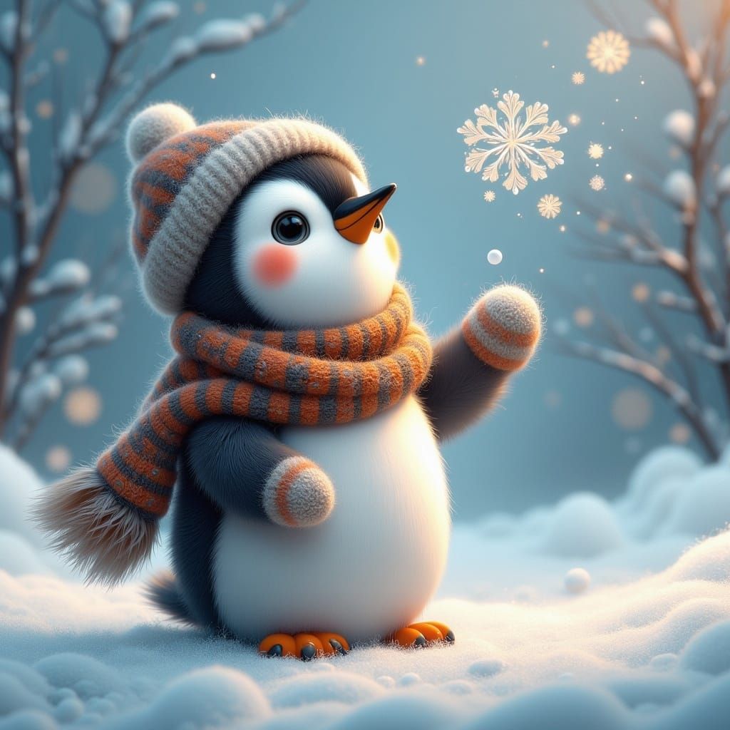 Penguin Catches Snowflake: Dreamy Concept Art