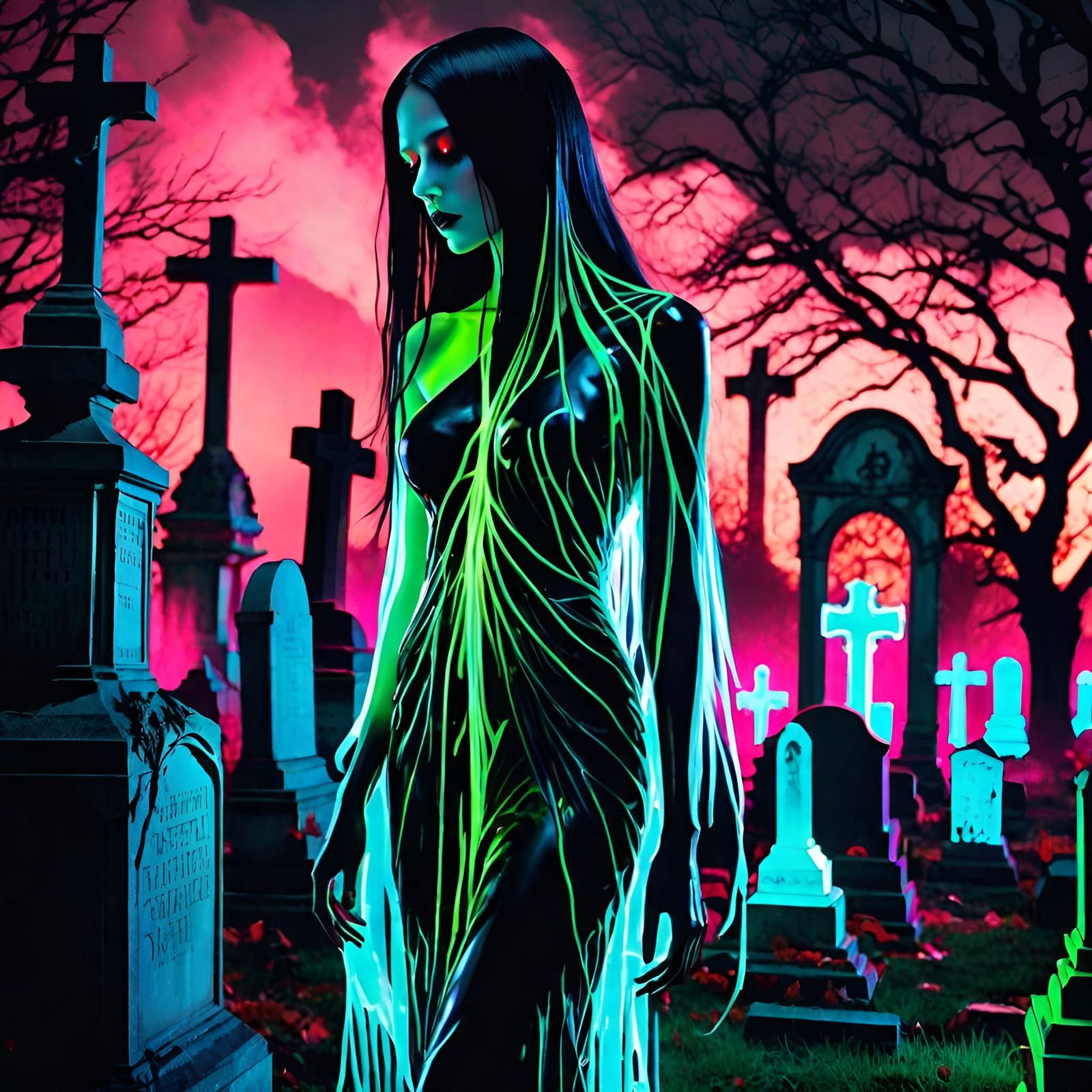 Ethereal Wraith in Vaporous Neon Cemetery