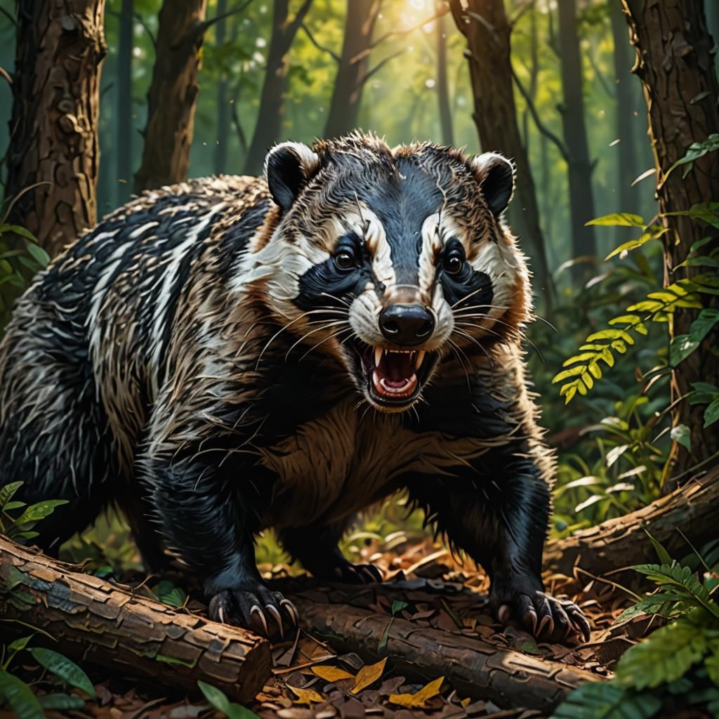 Angry Badger in Forest: Hyperrealistic Splash Art
