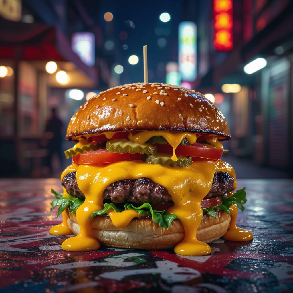 Gooey Burger on Graffiti Table in Night Market