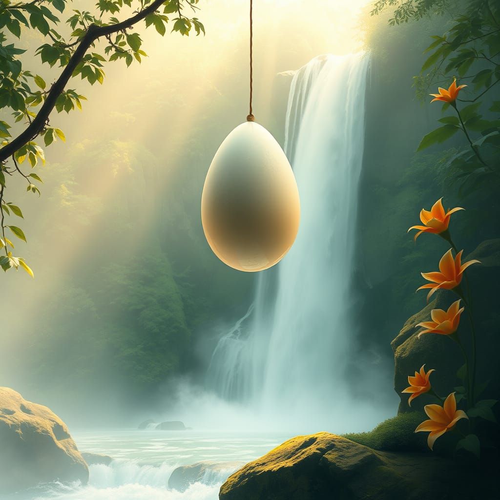 Ethereal Egg Amidst Cascading Waterfall in Dreamlike Landsca...