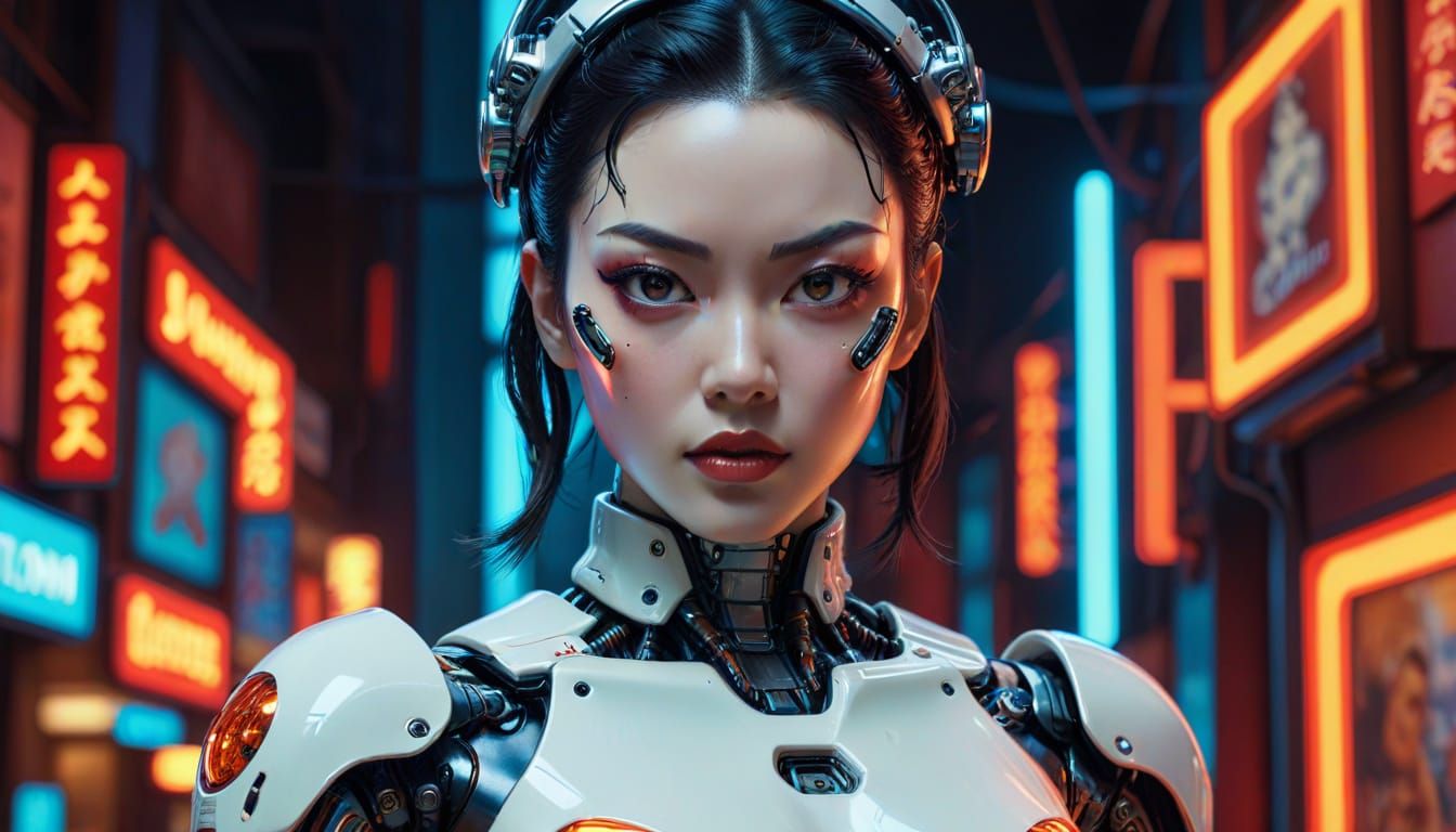 Japanese Android Pinup in Cyberpunk Style