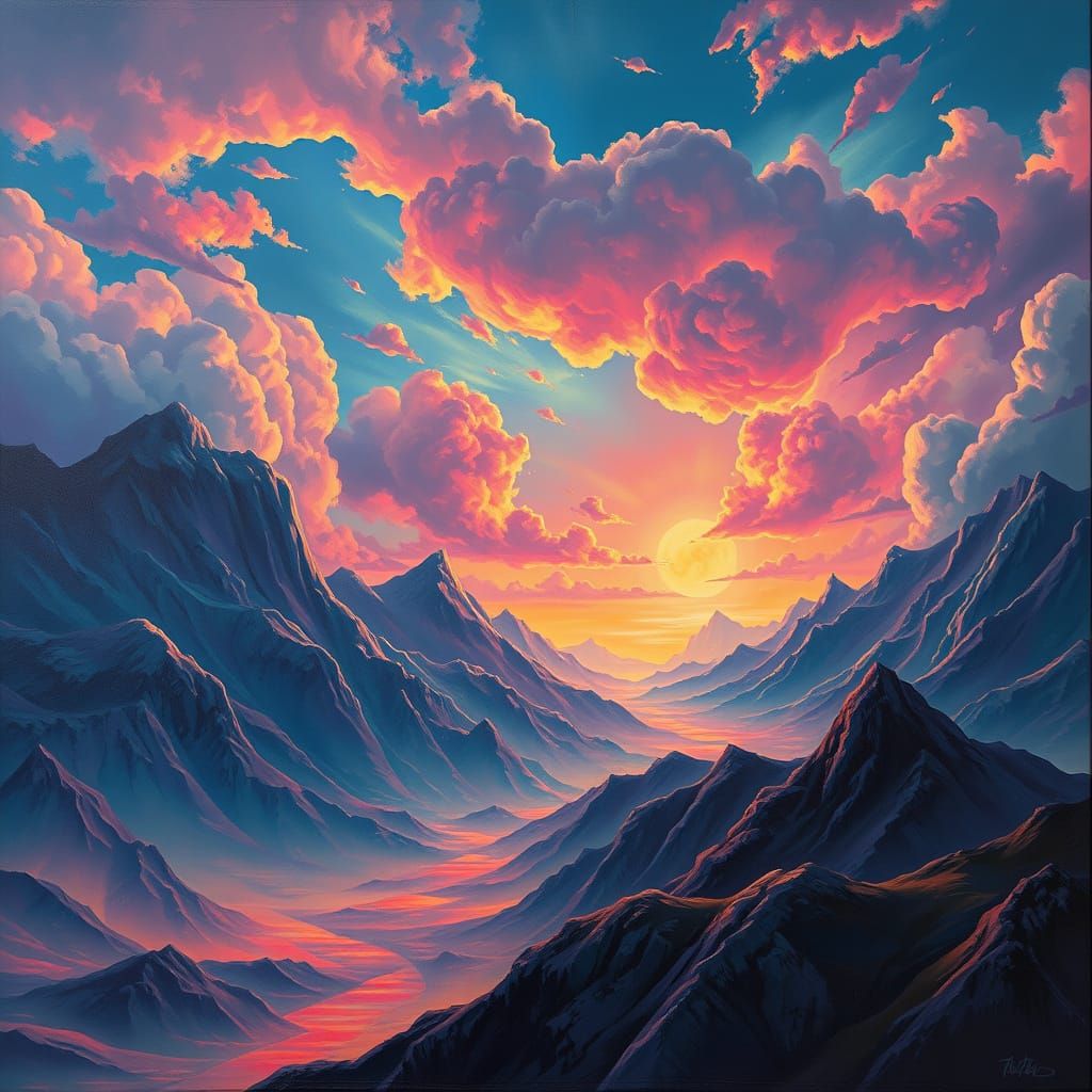Surreal Landscape Mural with Neon Clouds