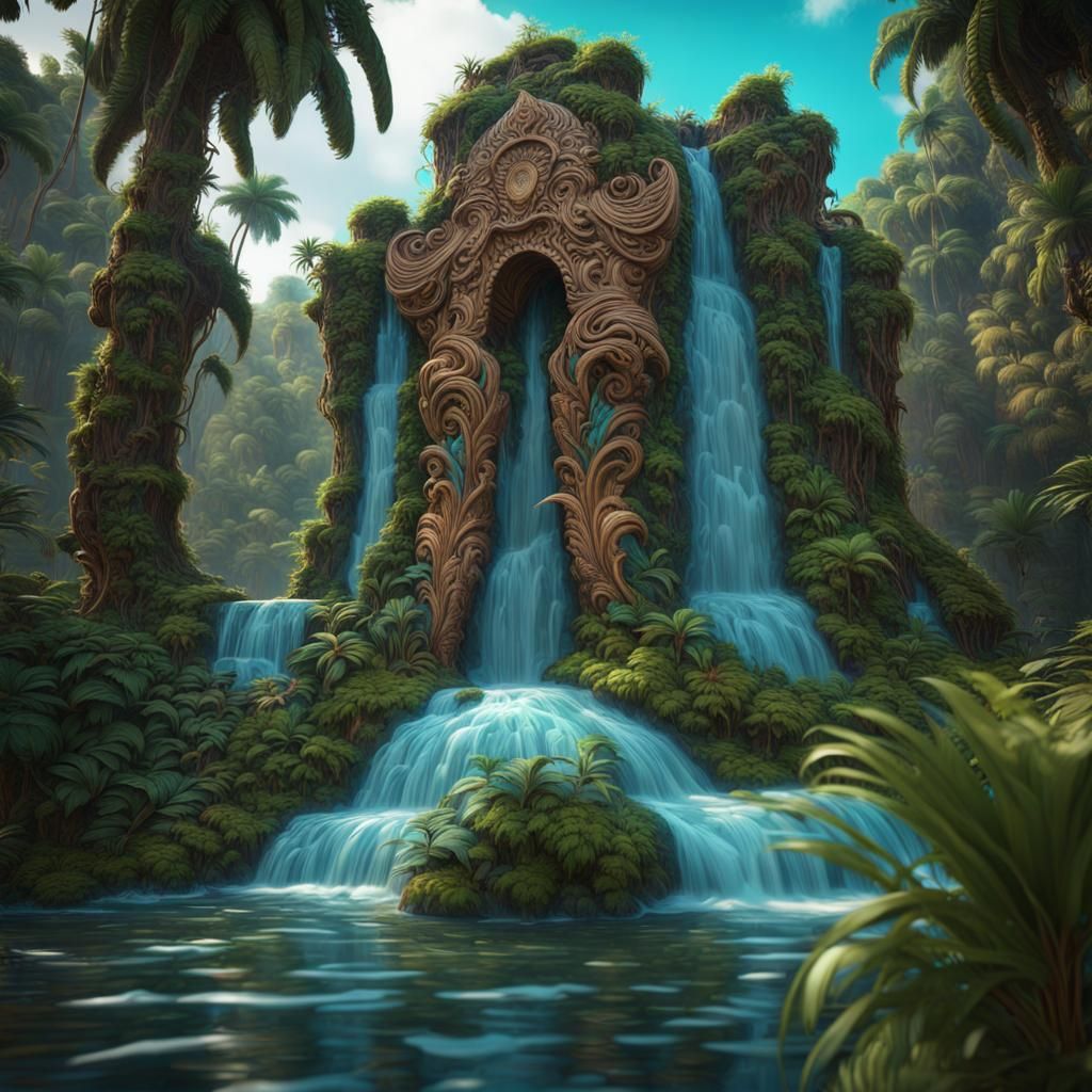 Exotic Jungle Sculpture with Flowing Water
