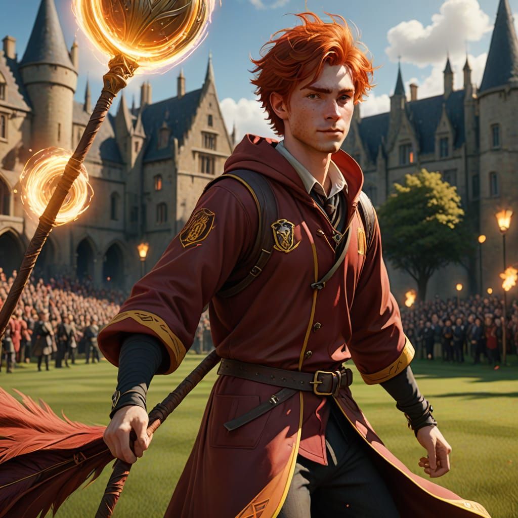 Young Red-Haired Wizard Soars Above Quidditch Pitch in Vibra...