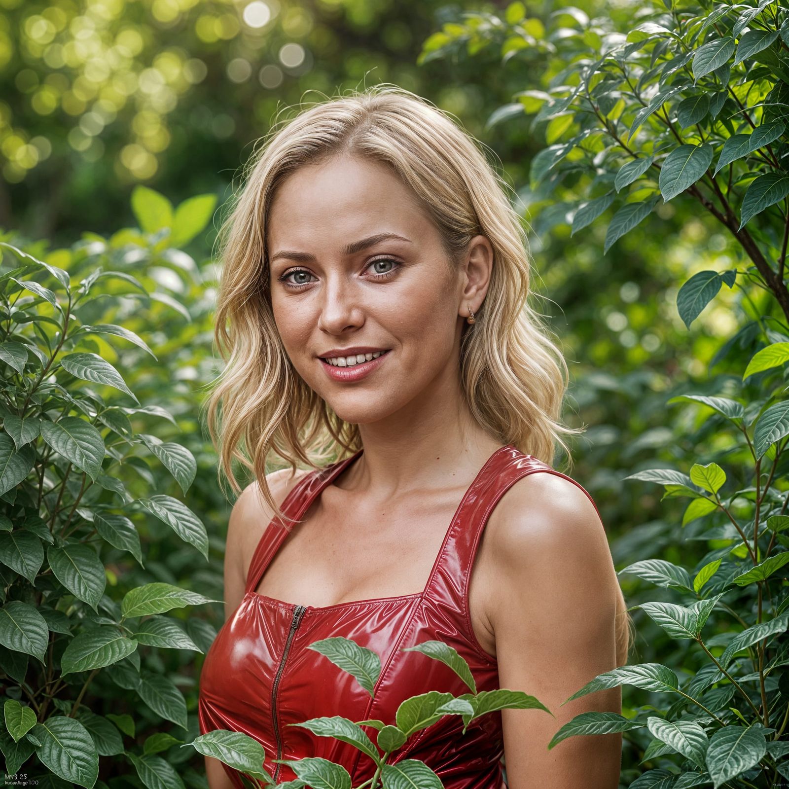 Blonde Woman in Red Latex Dress Portrait