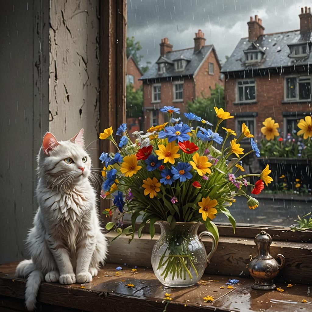 Cartoon Cat Sniffs Wildflowers: Klimt-Inspired Anime Art