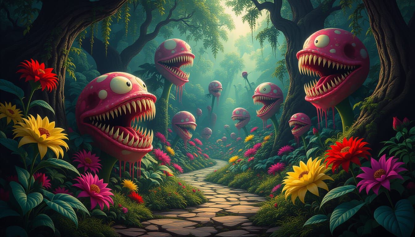 Bosch-Inspired Grotesque Garden in Abstract Surrealist Style