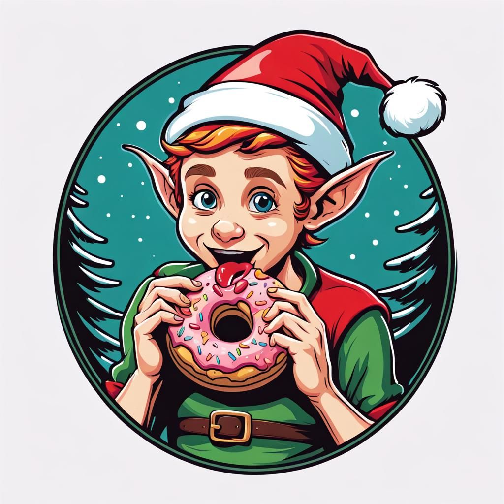 Funny Christmas Elf Eats Donut Vector Design