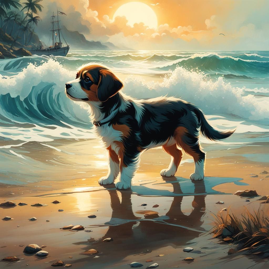 Puppy on Beach with Wave, Detailed Digital Art