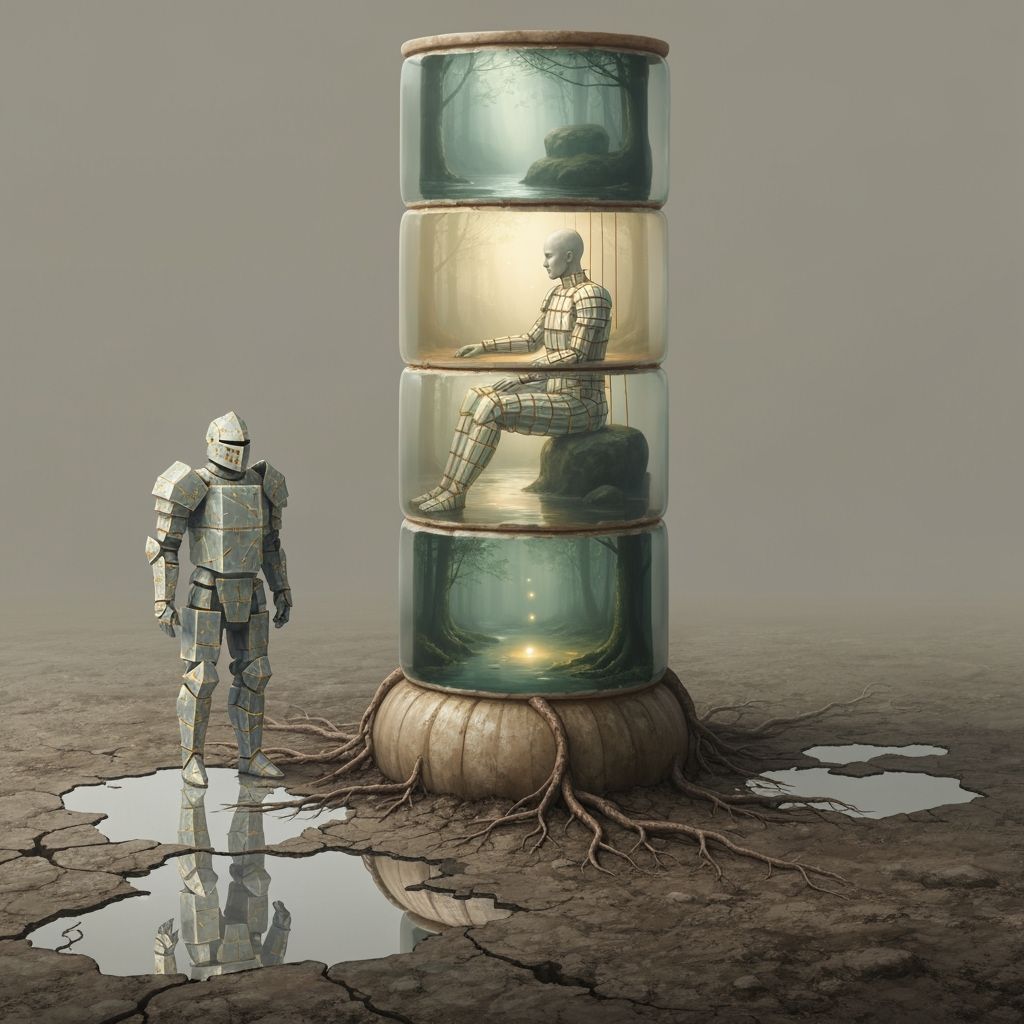 Surreal Fossil Structure with Crystal Knight in Painterly St...