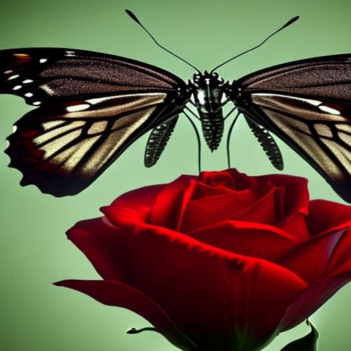 Gothic Butterfly on Blood Red Rose in Detailed Rendering