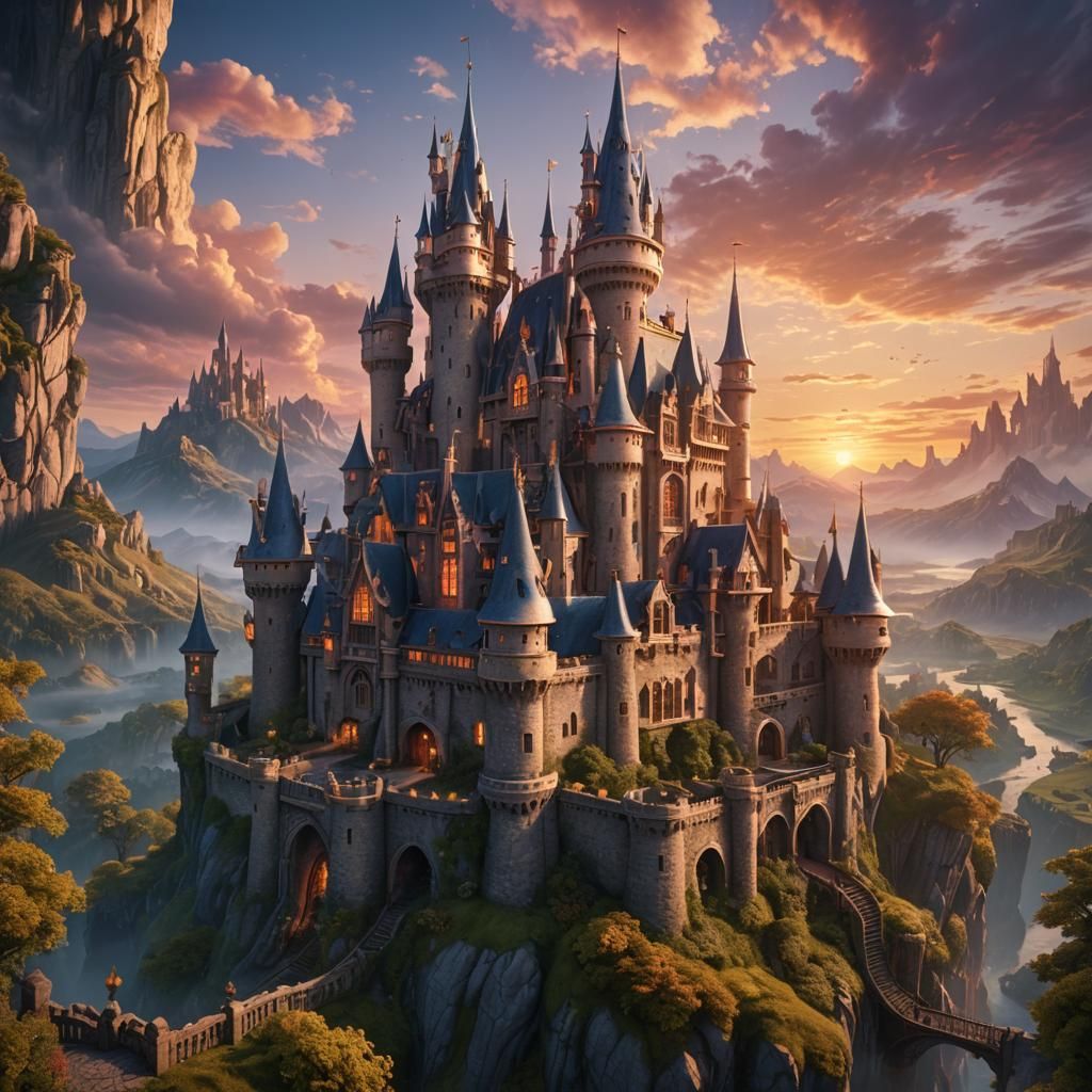 Enchanted Castle Sunset in Fantasy Art Style