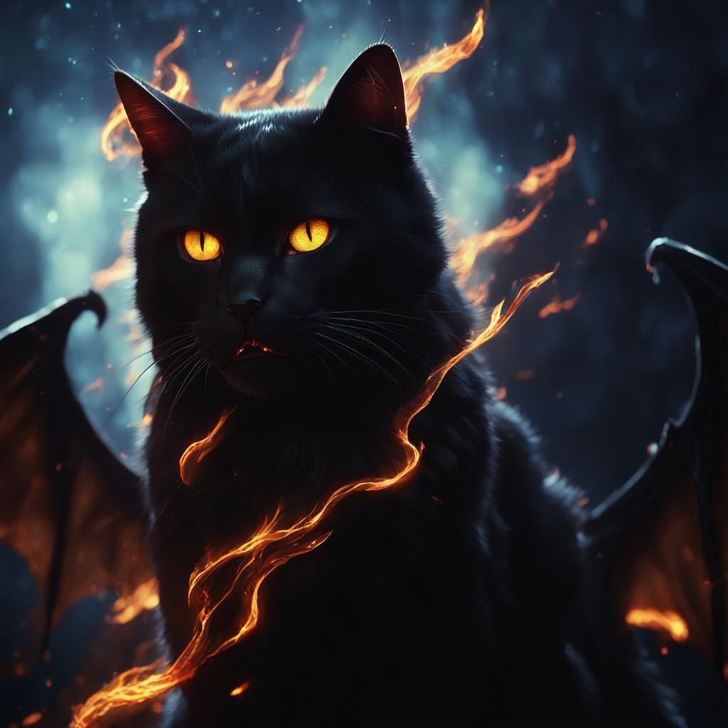 Realistic fire breathing black cat with bat wings& realistic...