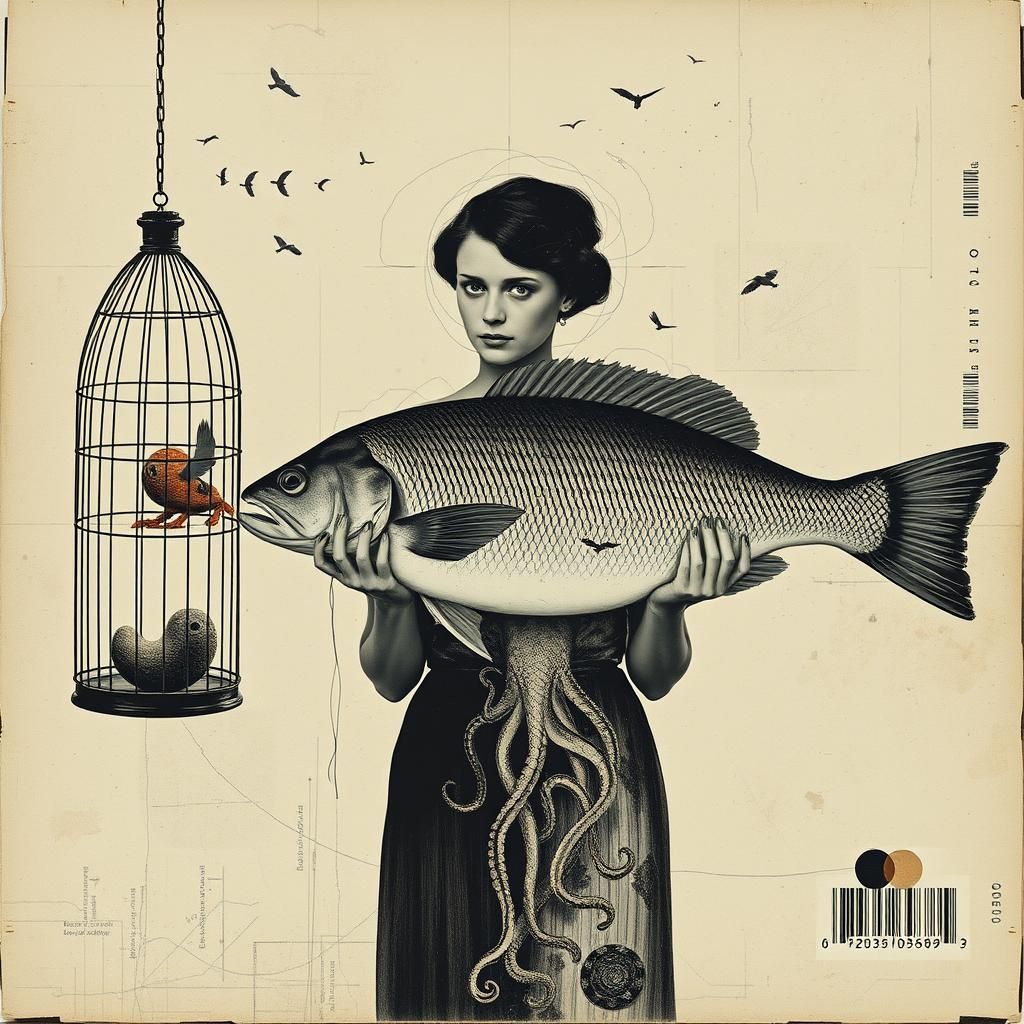 Surreal Woman with Fish: Dada Collage Art